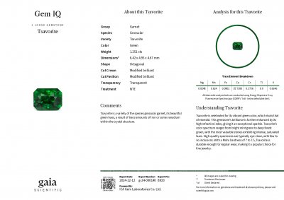 Certificate Octagon cut green tsavorite garnet 1.25 carats, Tanzania 