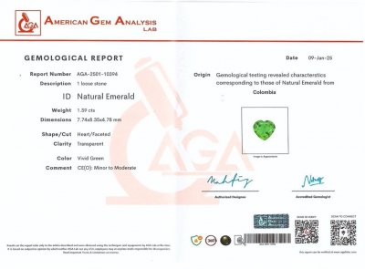 Certificate Vivid green emerald in heart cut 1.59 carats, Colombia
