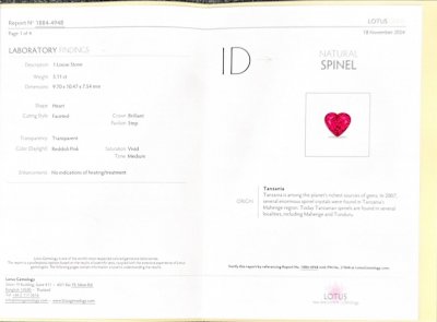 Certificate Spinel Mahenge Vivid Pink heart shape 5.11 carats, Tanzania  
