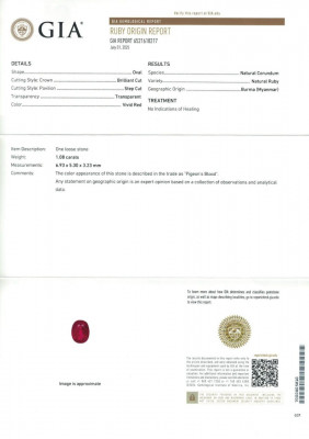 Certificate Unheated ruby Pigeon's Blood oval cut 1.08 carats, Burma 