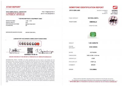 Certificate Vivid green emerald in traditional emerald cut 1.83 ct, Colombia