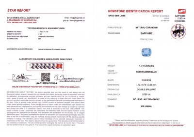 Certificate Unheated cushion cut cornflower blue sapphire 1.74 ct, Sri Lanka