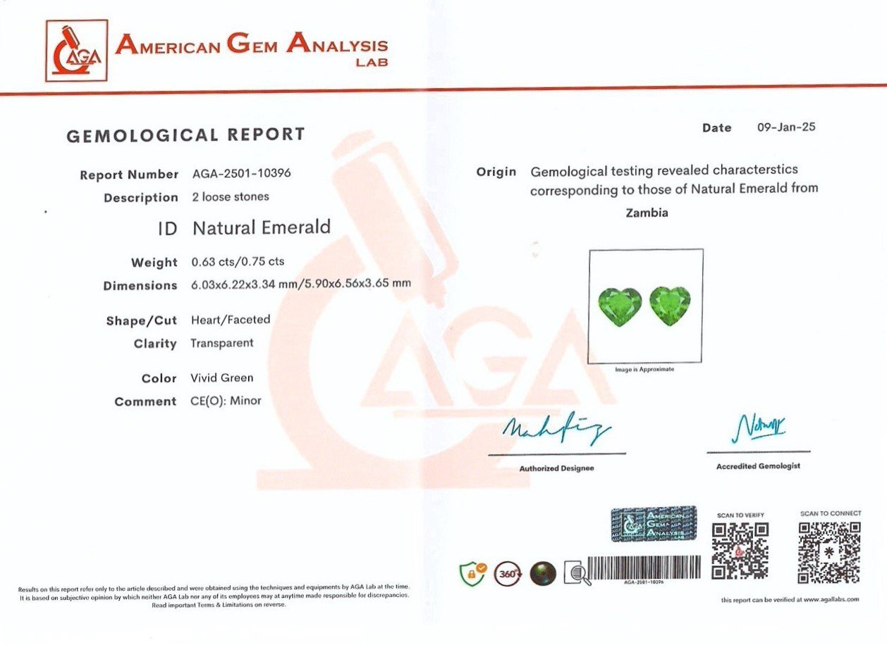 Pair of Vivid green emeralds in heart shape 1.38 carats, Zambia  Image №5