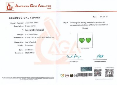 Certificate Pair of Vivid green emeralds in heart shape 1.38 carats, Zambia 