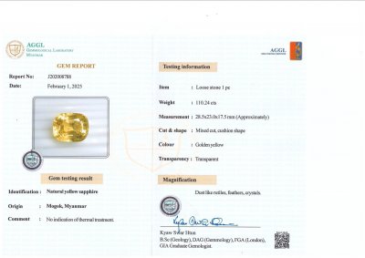 Certificate Unheated sapphire Golden Yellow cushion cut 110.24 carats, Burma 