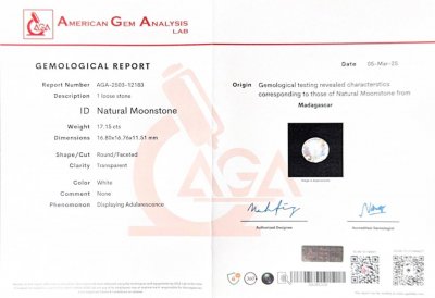 Certificate Large rainbow moonstone in round cut 17.15 carats, Madagascar