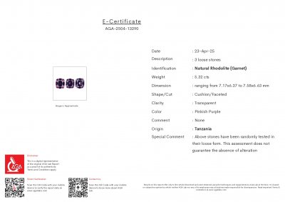 Certificate Set of rhodolite garnets in cushion cut 5.32 carats, Tanzania