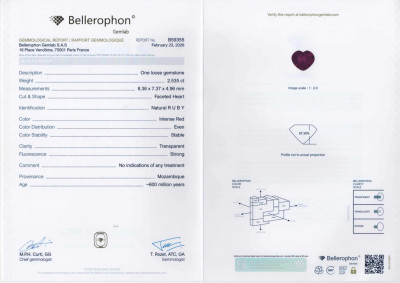 Certificate Unheated Intense Red ruby in heart shape 2.53 carats, Mozambique 
