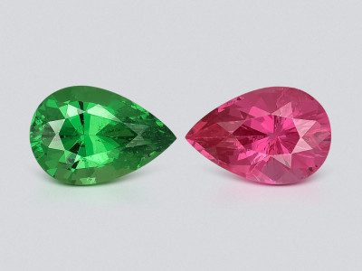 Contrasting pair of Vibrant Green tsavorite and Vibrant Pink spinel pear cut 3.07 carats, Tanzania photo