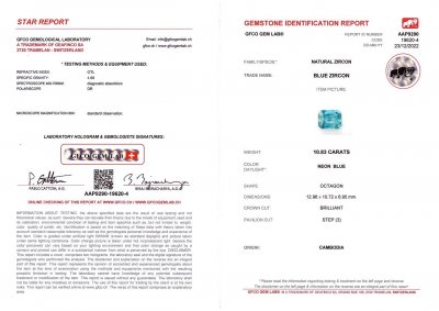 Certificate Neon blue radiant cut zircon 10.83 ct