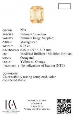 Certificate Orange radiant cut sapphire 0.75 carats, Madagascar