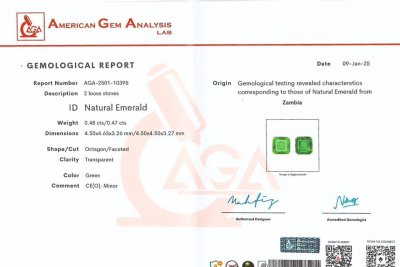 Certificate Pair of emeralds in octagon cut 0.95 carats, Zambia 