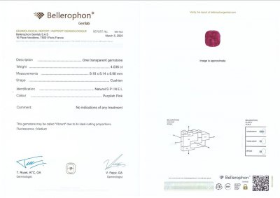 Certificate Vibrant purple-pink spinel in cushion cut 4.03 carats, Tanzania