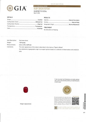 Certificate Unheated ruby Pigeon's blood  cushion cut 1.09 carats, Burma 