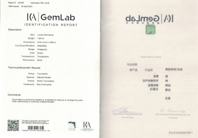 Certificate Bright green tourmaline, 1.68 ct, ICA