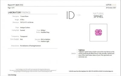 Certificate Cushion cut pink spinel 4.78 ct, Tajikistan, Lotus