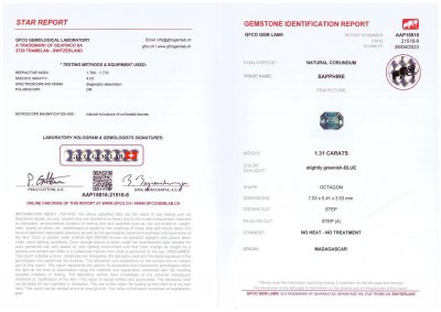 Certificate Unheated teal sapphire in octagon cut 1.31 ct, Madagascar