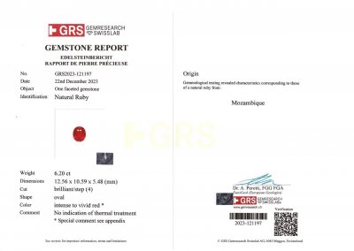 Certificate Investment grade unheated ruby from Mozambique 6.20 ct, Pigeon's Blood, GRS