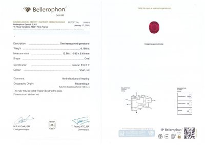 Certificate Investment grade unheated ruby from Mozambique 6.20 ct, Pigeon's Blood, GRS