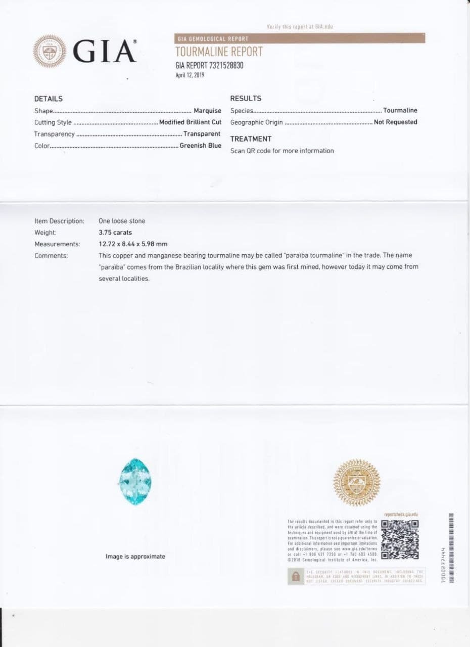 Paraiba tourmaline, marquise cut 3.75 ct, GIA Image №4