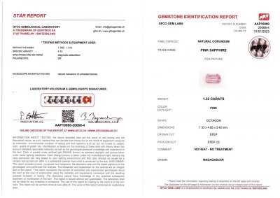 Certificate Unheated pink sapphire 1.32 ct, Madagascar