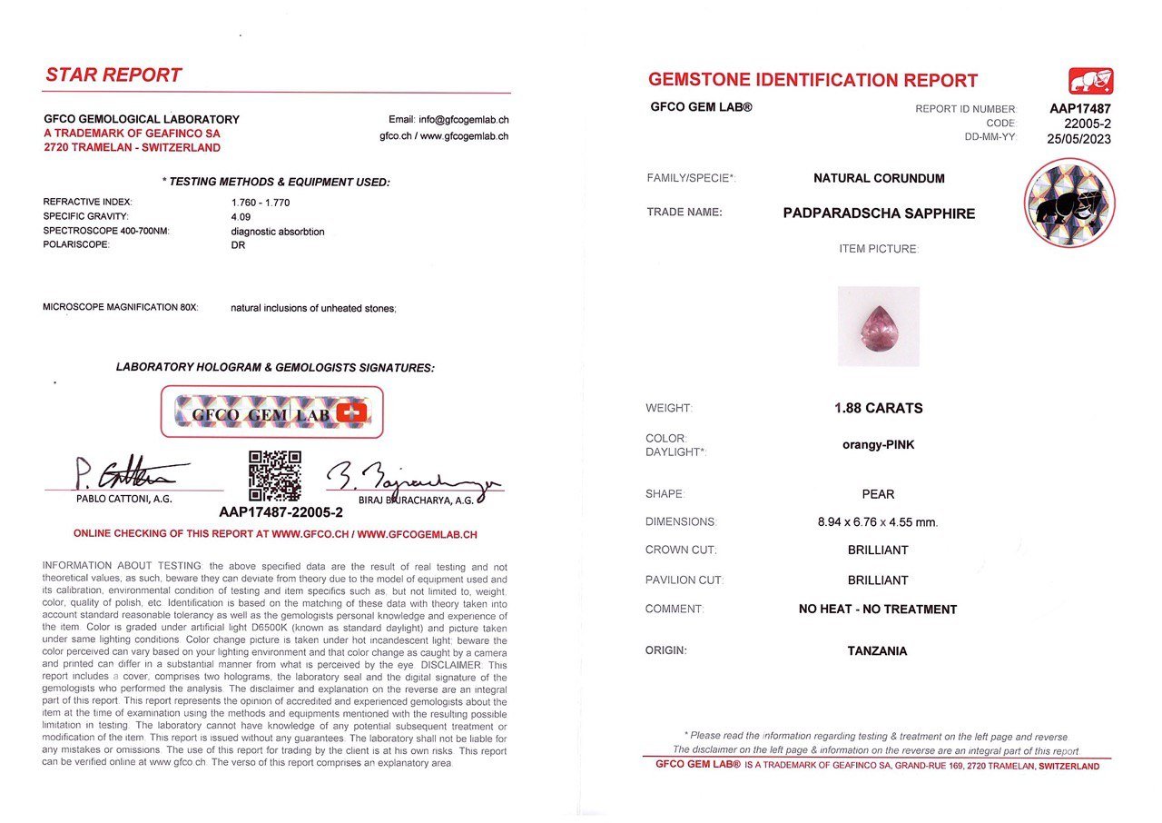 Rare unheated pear cut Padparadscha sapphire 1.88 ct, Tanzania Image №4