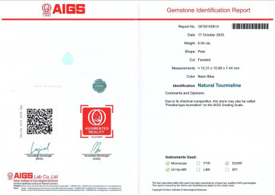 Certificate Neon blue Paraiba tourmaline in pear cut 6.04 carats, Africa