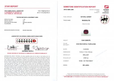 Certificate Large purple cushion cut rhodolite 8.64 ct, Sri Lanka