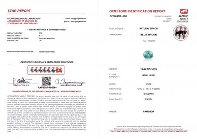 Certificate Neon blue oval cut zircon 10.92 ct