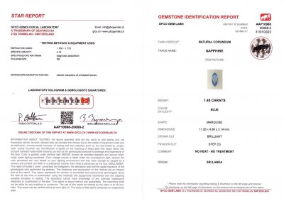 Certificate Pastel blue unheated sapphire 1.45 ct, Sri-Lanka