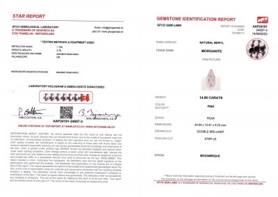 Certificate Rare intense pink pear cut morganite 14.86 carats
