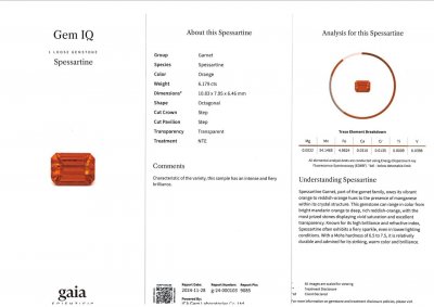 Certificate Octagon cut spessartine garnet 6.18 carats, Africa