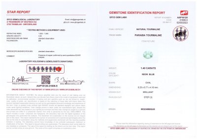 Certificate Paraiba tourmaline in oval cut 1.40 ct, Mozambique
