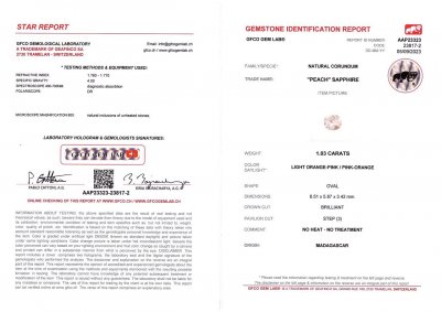 Certificate Unheated oval cut Padparadscha sapphire 1.03 ct, Madagascar