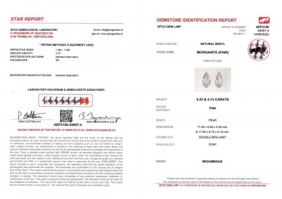 Certificate Pair of pink pear cut morganites 8.36 carats