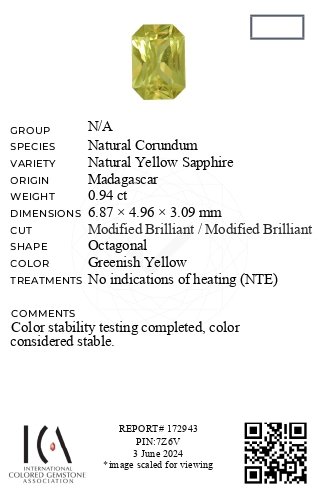Untreated greenish-yellow sapphire in radiant cut  0.94 carats, Madagascar Image №6