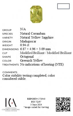 Certificate Untreated greenish-yellow sapphire in radiant cut  0.94 carats, Madagascar