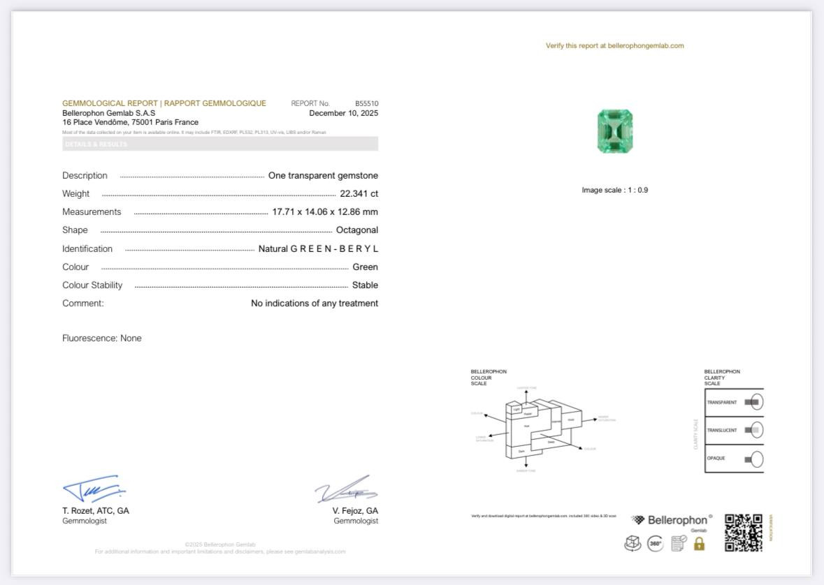 Unique Lagoon green beryl in octagon cut 22.34 carats, Nigeria Image №5