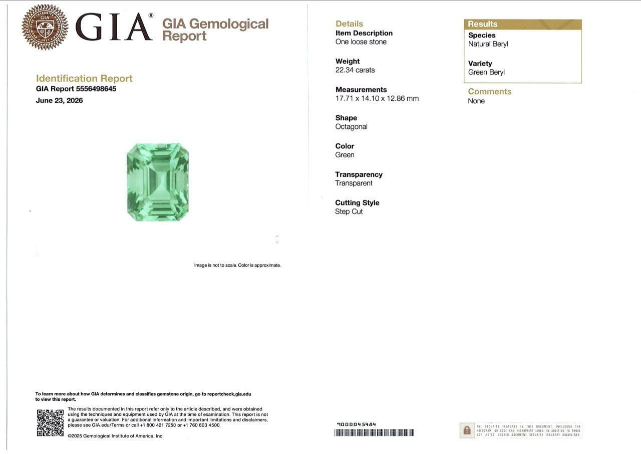 Unique Lagoon green beryl in octagon cut 22.34 carats, Nigeria Image №6