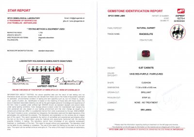 Certificate Cushion cut rhodolite garnet 6.87 ct