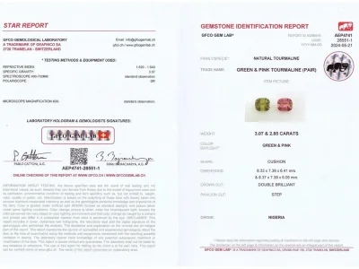 Certificate Contrasting pair of pink and green cushion-cut tourmaline 5.92 carats, Nigeria 