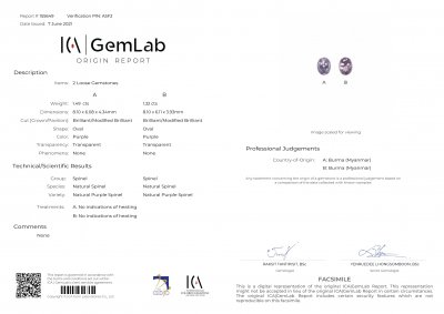 Certificate Delicate lavender pair of spinels 2.71 ct, Burma