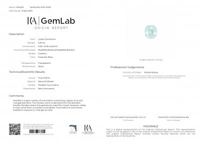 Certificate Neon Paraiba tourmaline 5.30 ct, Mozambique