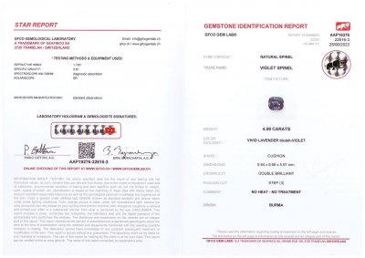 Certificate Intense blue-violet spinel cushion shape 4.09 ct, Burma