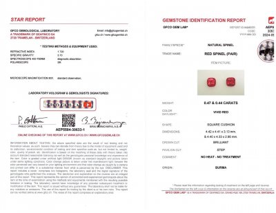 Certificate Pair of vibrant red Mansin spinels in cushion cut 0.91 carats, Burma