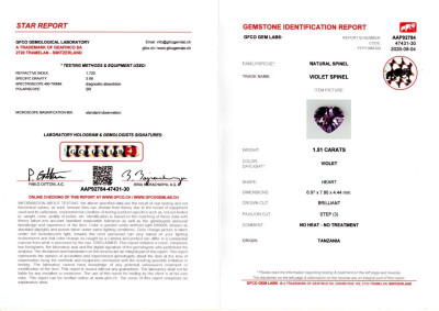 Certificate Violett spinel heart shape 1.51 carats, Tanzania