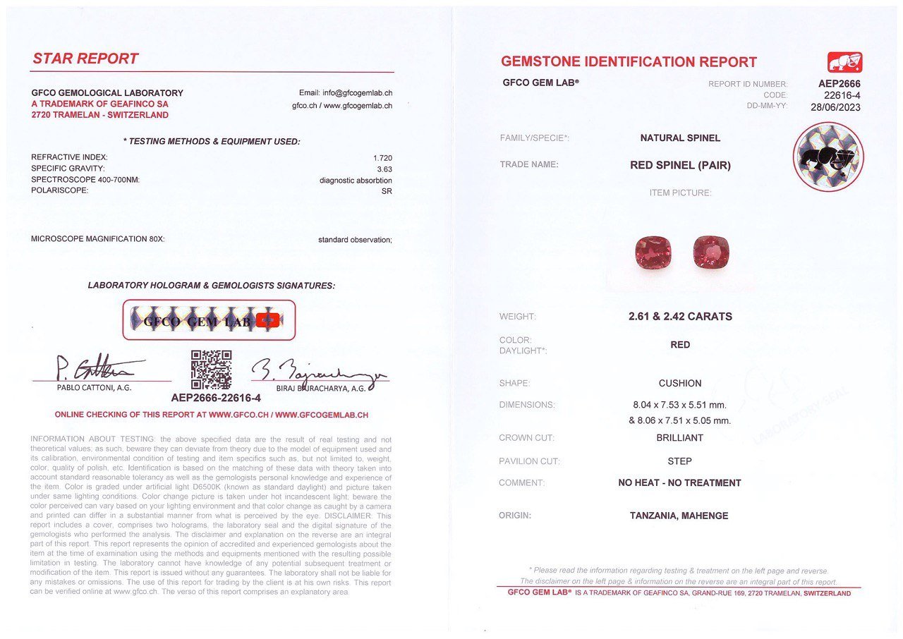 Pair of bright red cushion cut Mahenge spinels 5.03 carats, Tanzania Image №4