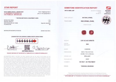 Certificate Pair of bright red cushion cut Mahenge spinels 5.03 carats, Tanzania