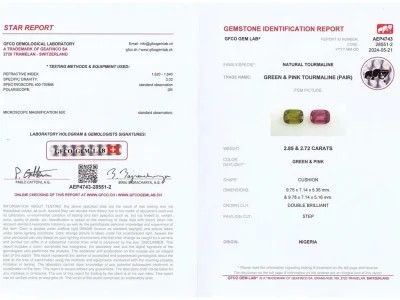 Certificate Contrasting pair of cushion-cut tourmalines 5.57 carats, Nigeria 