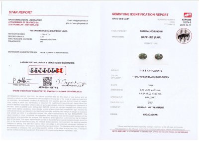 Certificate Pair of unheated Teal sapphires in oval cut 2.25 carats, Madagascar 